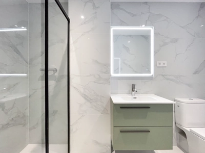 Spacious bathroom with modern fixtures